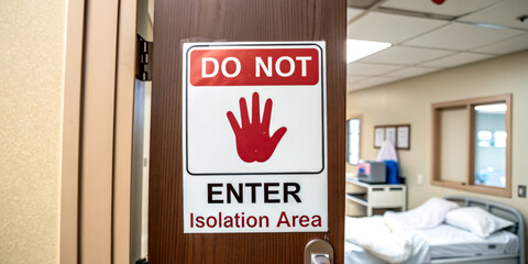 A sign on a hospital door warns against entry into an isolation area, featuring a handprint symbol to emphasize restriction.