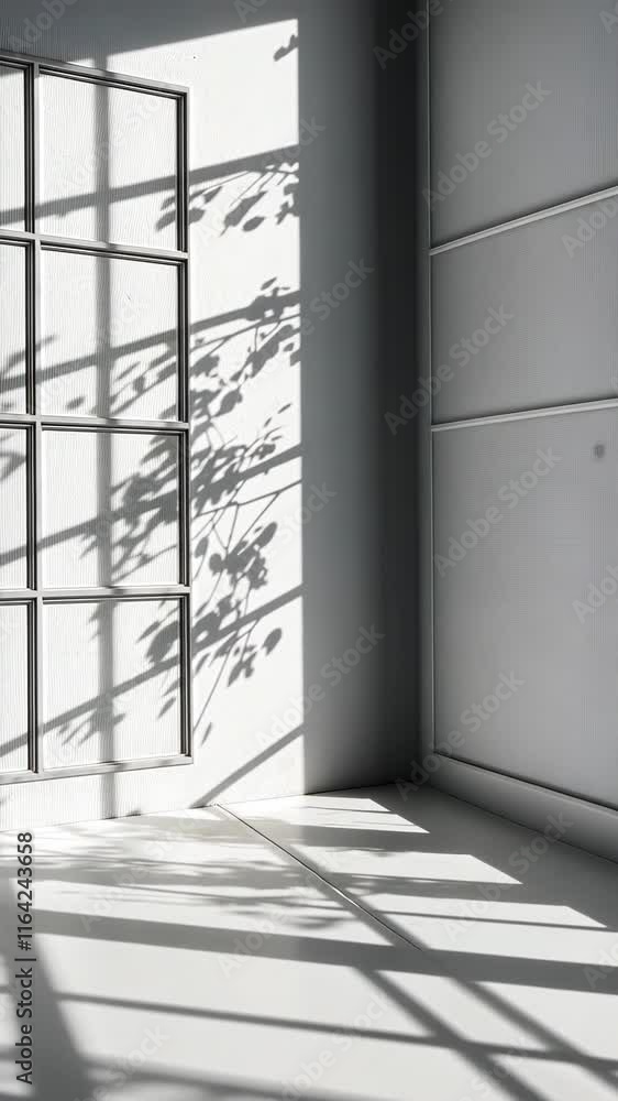 Poster large windows letting in sunlight to illuminate an empty white room with a tree outside, casting bea