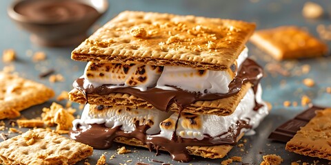 Close-Up of Delicious Rustic S'mores with Golden-Brown Graham Crackers, Toasted Marshmallows, and Melted Chocolate