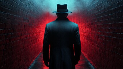 A man in a black coat and hat stands in a dark tunnel