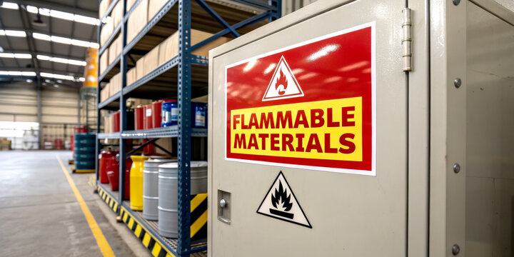 A storage area featuring a metal cabinet labeled "Flammable Materials," surrounded by colorful containers, emphasizing safety in handling hazardous substances.