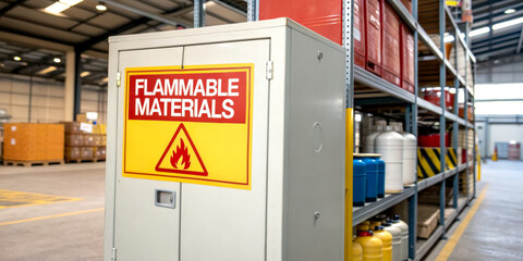 A cabinet labeled "Flammable Materials" is prominently displayed in a warehouse, surrounded by various containers of chemicals, emphasizing safety in storage.