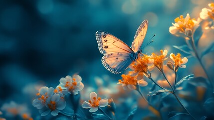 Butterfly perched on delicate white flower in serene garden setting during daylight hours