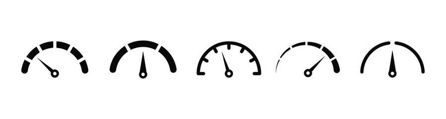 Risk meter icon set. Scale Low, Medium or High risk on speedometer, Set of gauges from low to high. Vector illustration.