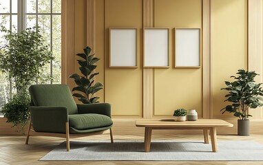 Fototapeta premium Green armchair and wooden coffee table in a minimalist living room with yellow walls and plants.