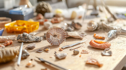 Fossil cleaning tools and specimens on laboratory table, showcasing various fossils and preparation materials