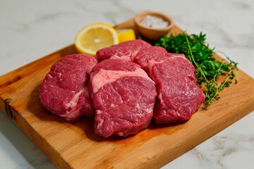 Premium cuts of beef arranged on a wooden board ready for culinary preparation