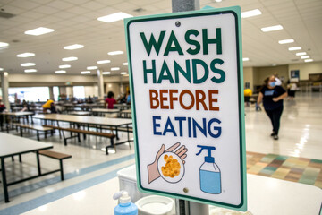 A sign instructing diners to wash hands before eating, displayed in a cafeteria with empty tables and a person walking in the background.