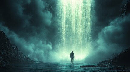 A man stands in front of a waterfall, looking up at the sky