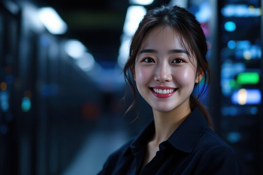 Close portrait of a smiling 40s Korean female IT worker looking at the camera, against dark server room blurred background. - Powered by Adobe