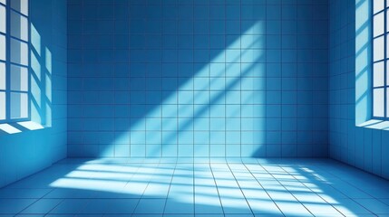 Sunlit blue tiled room interior.