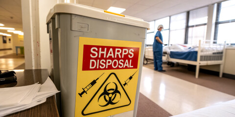 A sharps disposal bin is prominently displayed in a medical facility, emphasizing safety and hygiene in handling medical waste.