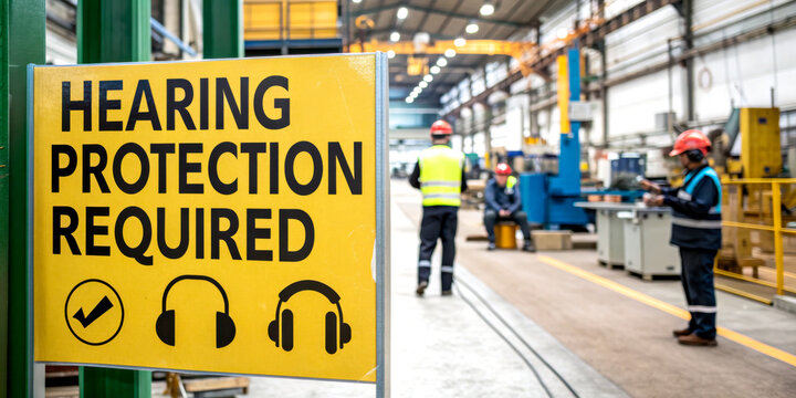 A bright yellow sign emphasizes the need for hearing protection in a busy industrial setting, highlighting safety measures for workers.