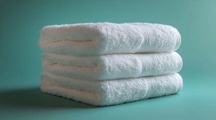 Soft white towels stacked neatly on a turquoise background for bathroom decor inspiration