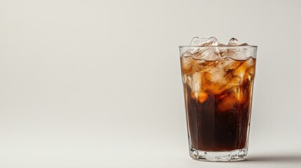 Refreshing Cold Beverage with Ice in a Clear Glass on Neutral Background