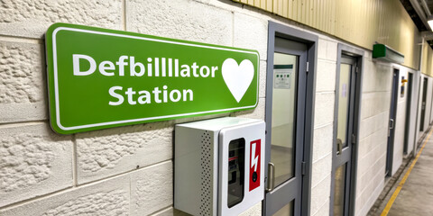 Naklejka premium A green sign indicating a defibrillator station, highlighting the importance of emergency medical equipment in public spaces.