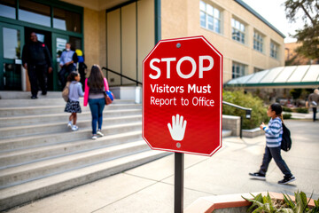 A red stop sign instructs visitors to report to the office, with children walking towards a school entrance in the background.