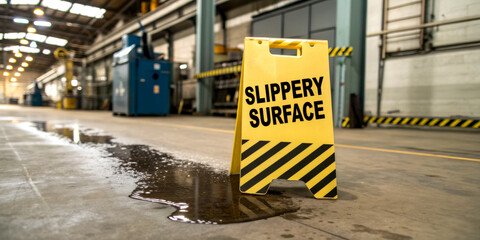 A caution sign warning of a slippery surface, positioned near a puddle in a warehouse setting, highlighting safety concerns in industrial environments.