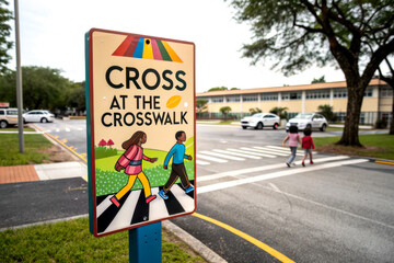 A colorful sign instructing pedestrians to cross at the crosswalk, with children walking safely across a striped pedestrian lane.