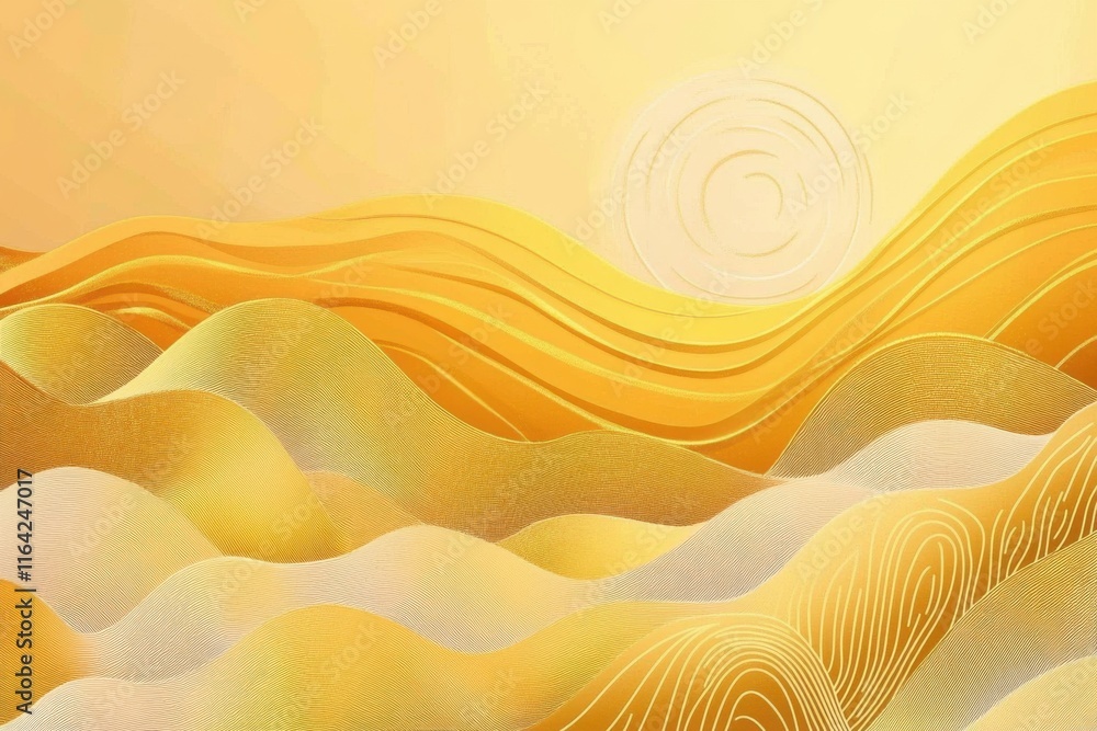 Poster abstract landscape with flowing golden waves and a warm sun, creating a serene and uplifting atmosph
