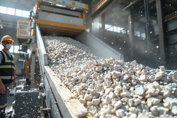 Rare Earth Mining. Worker overseeing the processing of rare earth minerals on a conveyor belt.