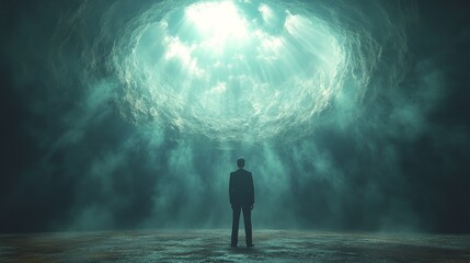 A man stands in front of a large, dark blue hole