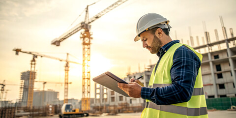 A construction worker in a hard hat and safety vest checks plans on a clipboard at a construction site during sunset.