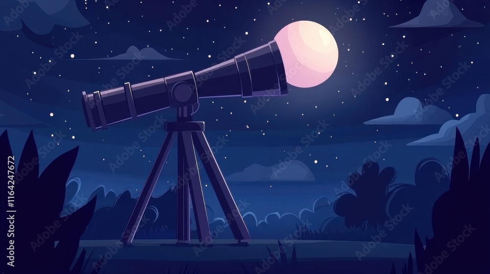 Wall mural a whimsical telescope silhouetted against a starry night, capturing the glow of the moon in a serene