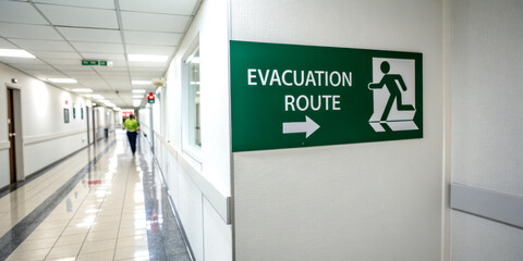 A green sign indicating the evacuation route in a hallway, guiding individuals toward safety during emergencies.