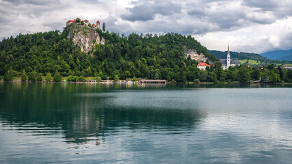 Beautiful town of Bled with church, castle and lake in Slovenia