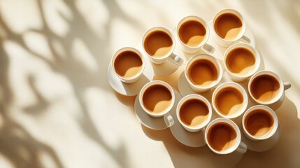 Many cups of coffee arranged on a beige surface in sunlight.
