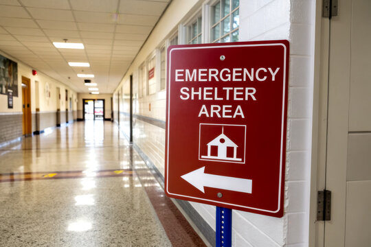 A red sign indicating the direction to an emergency shelter area, placed in a hallway of a building.