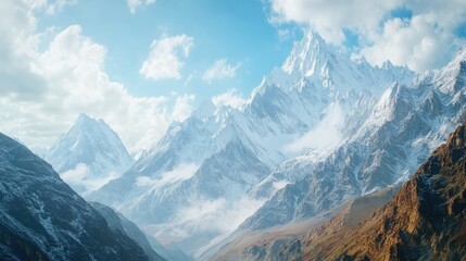Fototapeta premium Majestic Snow-Capped Mountains Under Blue Sky with Fluffy Clouds