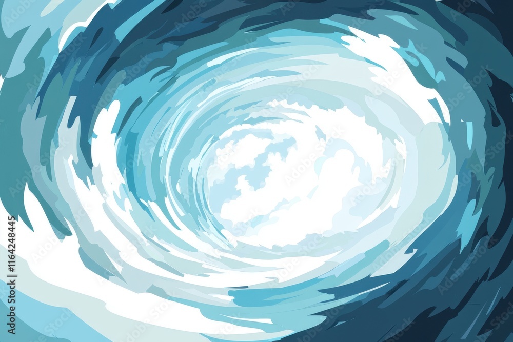 Poster a swirling formation of blues and whites, creating a dynamic vortex effect in a digital art style.