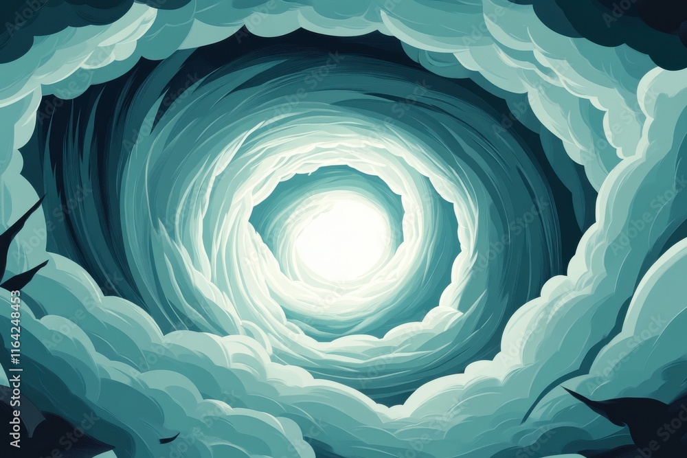 Poster a swirling vortex of clouds, radiating light at the center, creating a mystical and ethereal atmosph
