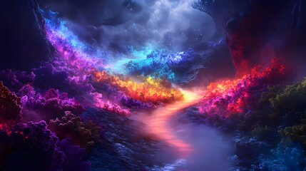 Fototapeta premium Delirium: A breathtaking depiction of a surreal glowing landscape adorned with floating and melting shapes, inviting viewers into a world beyond reality.