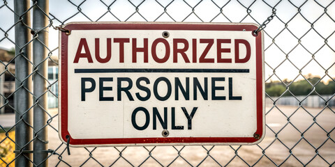 A sign indicating restricted access, stating "Authorized Personnel Only," mounted on a chain-link fence in a secure area.