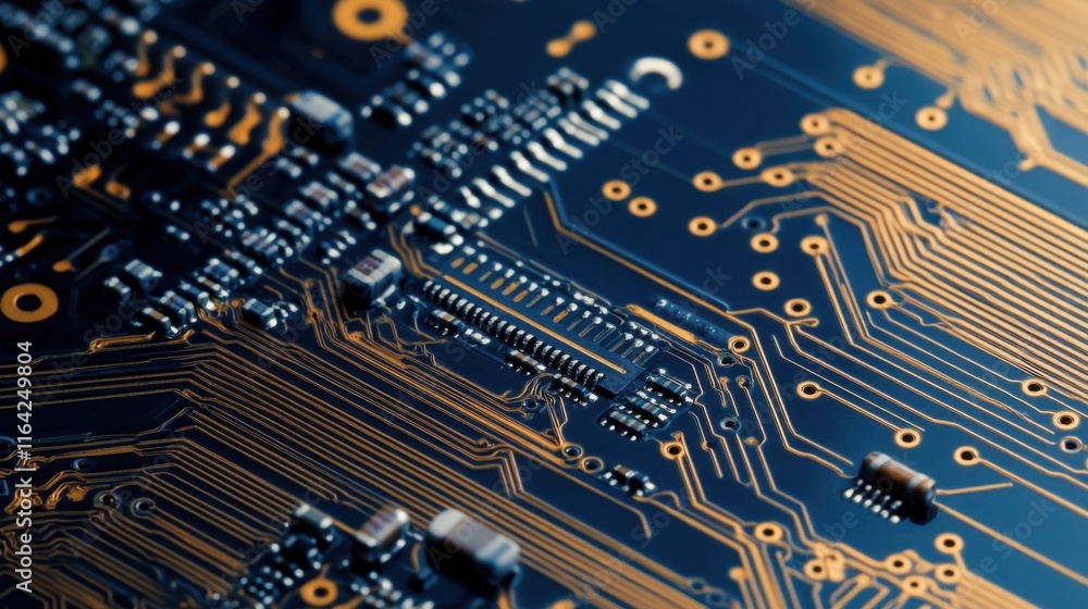 Aufkleber close-up of a blue and gold printed circuit board with intricate pathways and electronic components.