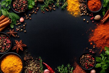 Vibrant spices and herbs create an exquisite arrangement on a rustic table setting