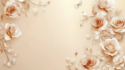 Minimalist beige background with delicate roses arranged for a charming and sophisticated floral aesthetic.