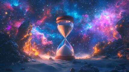 Time Distortion: An Hourglass with Surreal Glow and Suspended Sand Between Two Worlds with Dazzling Cosmic Elements