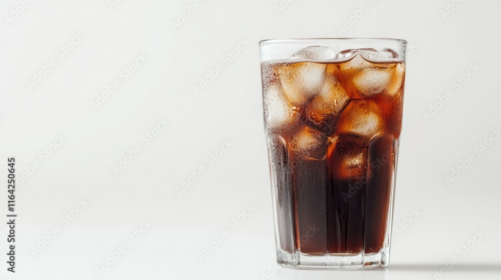 Poster refreshing glass of cola with ice cubes on light background