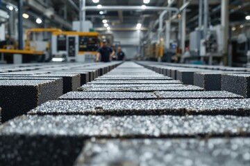Metal Production Line. Industrial manufacturing process showing rows of metallic blocks on factory floor with machinery and workers in background.