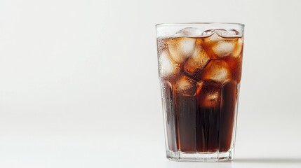 Refreshing Glass of Cola with Ice Cubes on Light Background