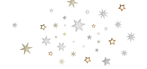 A collection of golden and white stars against a black background. The stars are of varying sizes and are arranged in a seemingly random pattern.