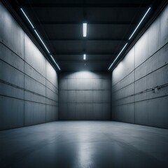 Obraz premium stock photo features a dimly lit, empty concrete garage with gray walls.