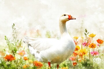 Obraz premium Duck in a field of flowers