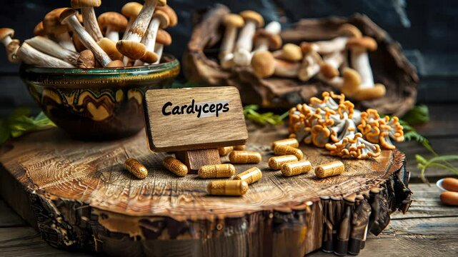 Supplements capsules cordyceps and mushrooms. Selective focus. nature.