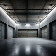 stock photo features a dimly lit, empty concrete garage with gray walls.