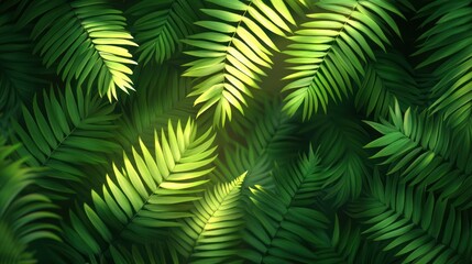 Naklejka premium Lush green palm fronds backlit by sunlight.